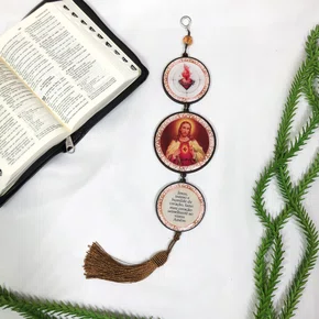 Adorno Triplo Redondo Sagrado Coração de Jesus em MDF