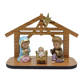 Cabana Natal MDF Com Sagrada Família Infantil de Resina