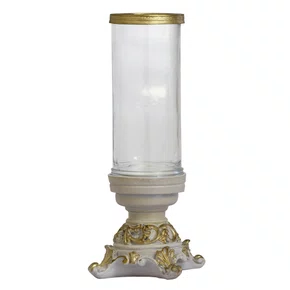 Castiçal em Resina Base Trabalhada Branco e Dourado - 26 cm