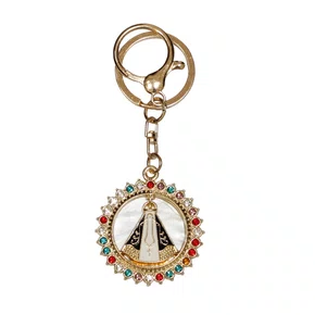 Chaveiro Nossa Senhora Aparecida Redondo Dourado Strass Colorido