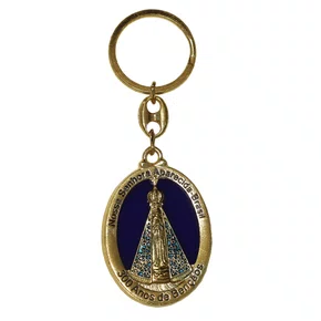 Chaveiro Espelhado Dourado de Nossa Senhora Aparecida  Fundo Azul