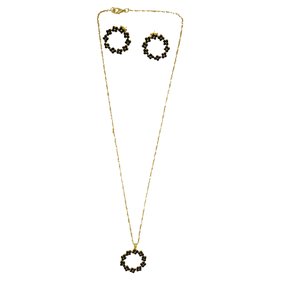 Conjunto Brinco e Pingente Flor Strass Preto