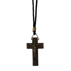 Cordão Crucifixo Madeira Cristo Metal Ouro Velho