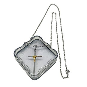 Corrente Com Pingente Cruz Fina Em Inox com Manto Dourado