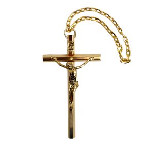 Crucifixo Dourado Metal Corrente Sextavada 20 cm