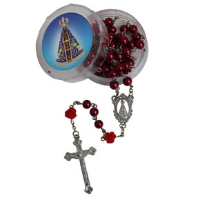 Terço de Nossa Senhora Aparecida Vermelho Pai Nosso Botão Rosa 5 mm