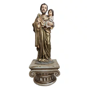 Imagem de São José Dourado com Pedestal de Resina Nacional - 70 cm