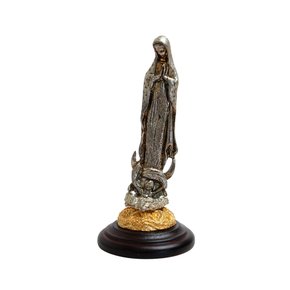 Imagem de Nossa Senhora Guadalupe Metal Dourado e Prata Base em Madeira - 9 cm