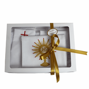 Kit Viático Branco com Bordado JHS e Ostensório em Dourado