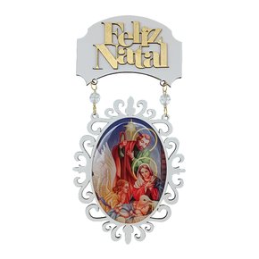Placa Oval MDF Branco Feliz Natal Sagrada Família 23 cm x 11 cm