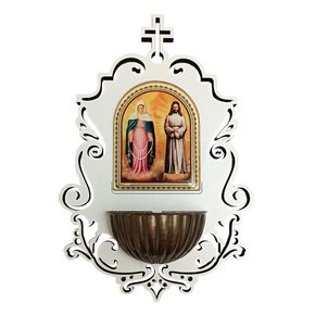 Pia Água Benta de Nossa Senhora das Lágrimas e Jesus Manietado MDF Branco - 19 cm x 13 cm