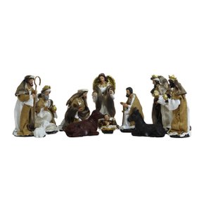 Presépio de Resina com Roupa Tecido Dourado e Marrom 11 Peças - 20 cm
