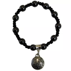 Pulseira São Bento Hematita Medalha Prata