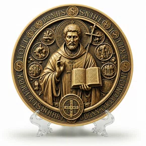 Quadro São Bento Bronze Relevo Redondo Parede e Mesa - 20 cm