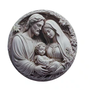 Quadro da Sagrada Família Preto e Branco Redondo Parede e Mesa - 20 cm