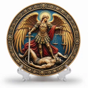 Quadro São Miguel Arcanjo Color Relevo Redondo Parede e Mesa - 20 cm