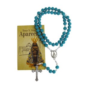Terço de Nossa Senhora Aparecida Contas Crespas Azul 10 mm