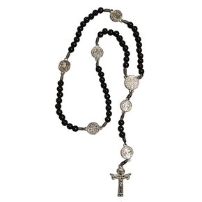 Terço de São Bento Plástico Preto Entremeio Prata 8 mm