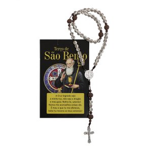 Terço de São Bento Como Rezar Conta Cruz Bege e Marrom 6 Mm