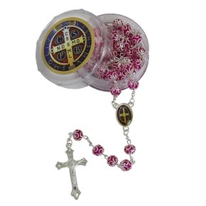 Terço de São Bento Detalhe Prata Rosa 8 mm