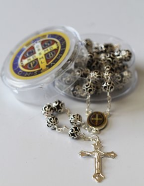 Terço de São Bento Detalhe Prata Preto - 8 Mm