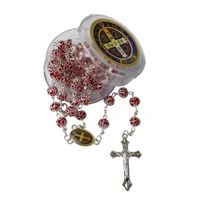 Terço de São Bento Detalhe Prata Vermelho 8 mm