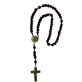 Terço Madeira Marrom 2 Cruzes Trevo e Cruz Ouro Velho 10 Mm