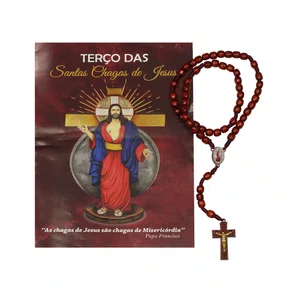 Terço Oração Santa Chagas de Jesus Madeira Vermelha - 8 mm