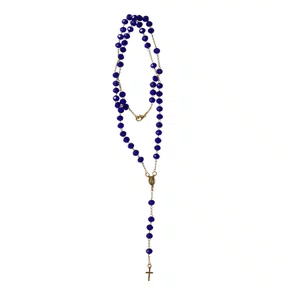 Terço Pescoço Semi Cristal Azul Escuro de Nossa Senhora Aparecida Dourado 5 mm