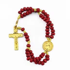 Terço Pulso Perfumada de São Bento Dourado Vermelho - 6 mm