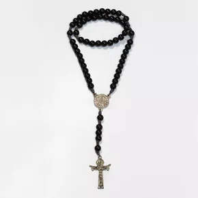 Terço São Bento Plástico Preto Cruz SST Prata - 8 mm