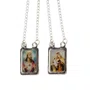 Escapulário de Inox Retangular Moldura Lisa e Centro com foto colorida de Nossa Senhora do Carmo e Sagrado Coração de Jesus.